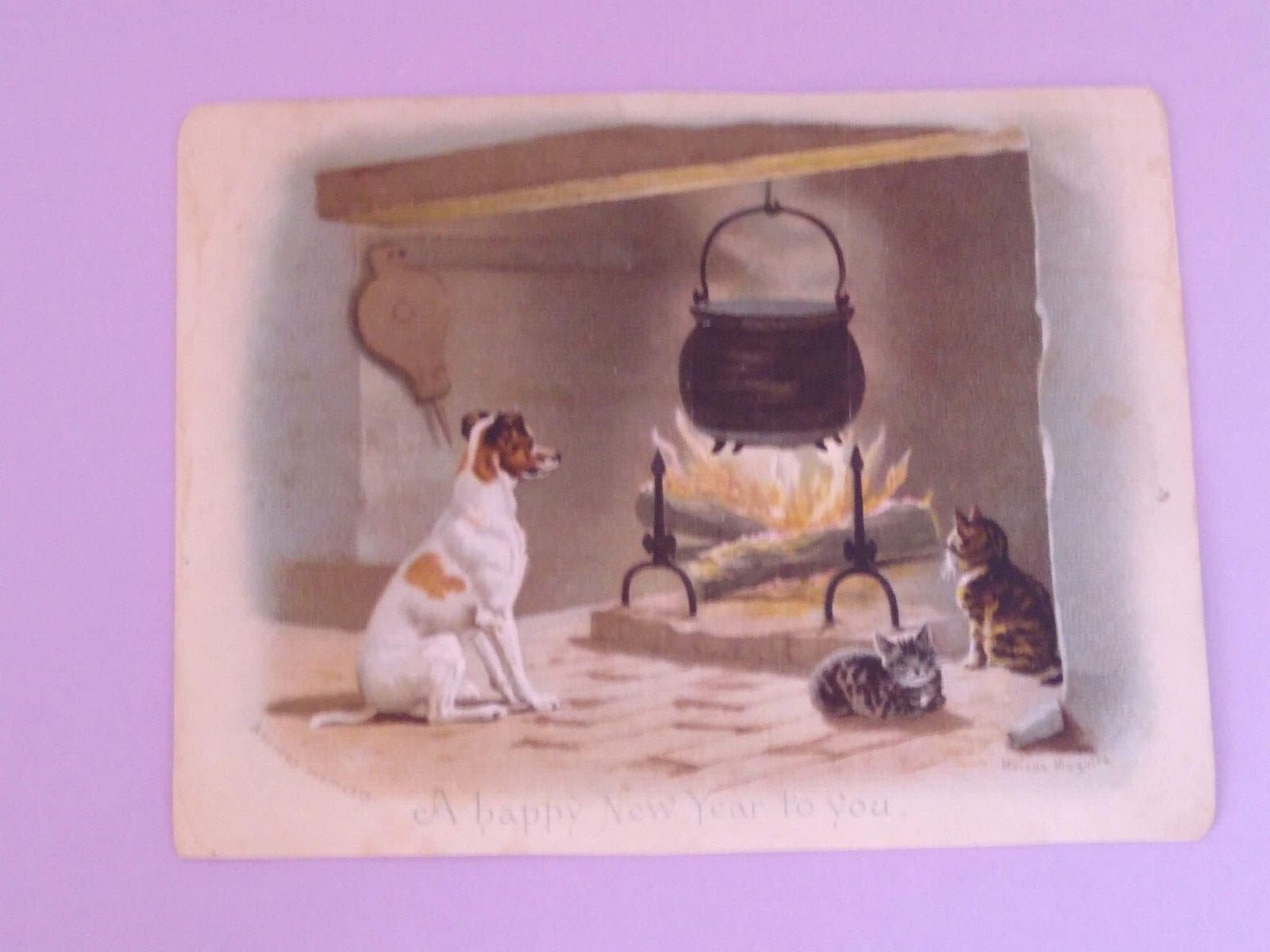 Helena Maguire Cats N Dog Near Fireplace New Year 1890s - Etsy