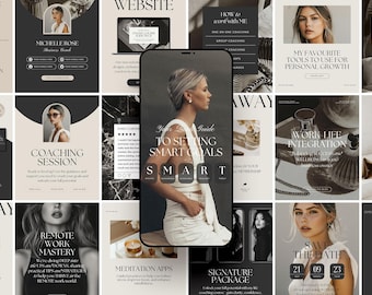 May include: A collage of images promoting a business coaching program. The images feature a woman, a phone screen with the text "Your Guide to Setting Smart Goals", and other images related to business and personal growth.