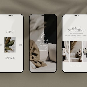 May include: Five smartphones showing inspirational content. The screens display quotes, botanical illustrations, and a neutral colour scheme. The phones are arranged in a row, suggesting a social media or website design.