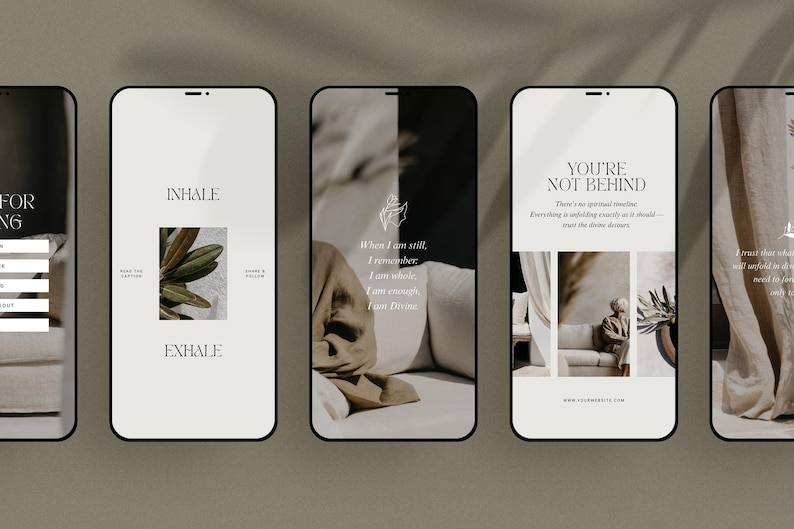 May include: Five smartphones showing inspirational content. The screens display quotes, botanical illustrations, and a neutral colour scheme. The phones are arranged in a row, suggesting a social media or website design.