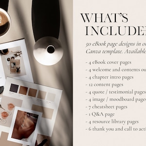 May include: A mockup of an ebook template with 50 pages, including cover pages, welcome pages, chapter intro pages, content pages, quote pages, image pages, cheatsheet pages, a Q&A page, resource library pages, and thank you pages. The template is available in US Letter size.