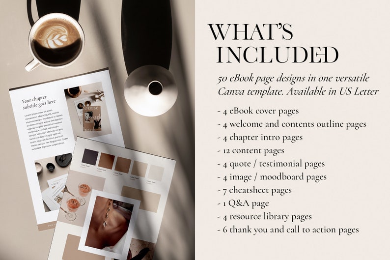 May include: A mockup of an ebook template with 50 pages, including cover pages, welcome pages, chapter intro pages, content pages, quote pages, image pages, cheatsheet pages, a Q&A page, resource library pages, and thank you pages. The template is available in US Letter size.