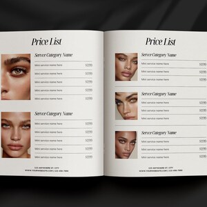 May include: Open book with a price list layout. The title "Price List" is at the top. Each page features a section with a service category name, mini service names, and prices. The pages include images of a woman's face.