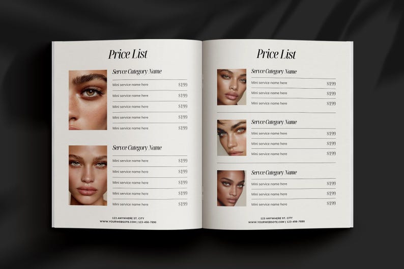 May include: Open book with a price list layout. The title "Price List" is at the top. Each page features a section with a service category name, mini service names, and prices. The pages include images of a woman's face.