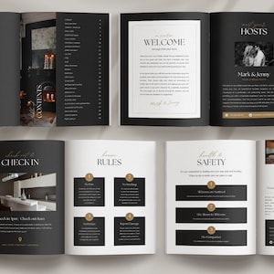 Editable AirBnb Welcome Book Template for CANVA with real content, Black and gold AirBnb Template Bundle, welcome sign, customisable AirBnb Template, Luxury Guest Book,  Vacation rental Host Manual Guidebook, Elegant Canva template with stock photos
