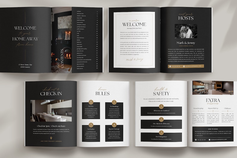 Editable AirBnb Welcome Book Template for CANVA with real content, Black and gold AirBnb Template Bundle, welcome sign, customisable AirBnb Template, Luxury Guest Book,  Vacation rental Host Manual Guidebook, Elegant Canva template with stock photos