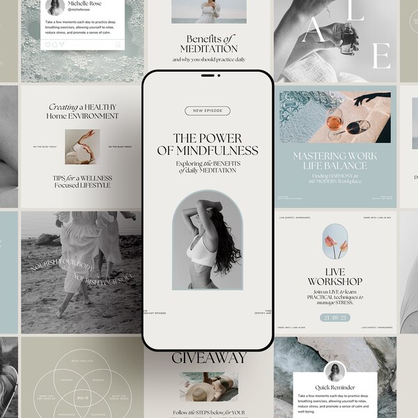 Wellness Instagram Templates for Coaching Business, Self Care and Mental Health. CANVA Social Media Bundle with Done for You Real Content.