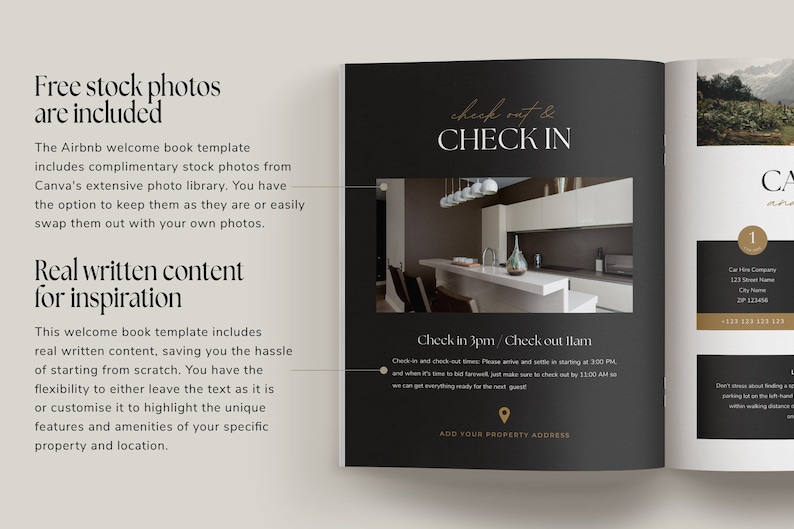 Editable AirBnb Welcome Book Template for CANVA with real content, Black and gold AirBnb Template Bundle, welcome sign, customisable AirBnb Template, Luxury Guest Book,  Vacation rental Host Manual Guidebook, Elegant Canva template with stock photos