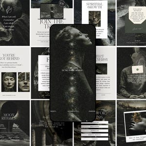 Puede incluir: Un collage de imágenes con una estética oscura y melancólica. La imagen central es un smartphone que muestra el perfil de una mujer con el texto: "I AM SAFE TO BE FULLY MYSELF." Otras imágenes incluyen texto como "Spiritual Growth" y "Moon Rituals".