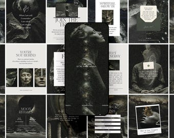 Spiritual Instagram Canva Template Bundle, Dark Aesthetic Celestial Esoteric Social Media Posts & Stories for Coaches, Healers, Shadow Work