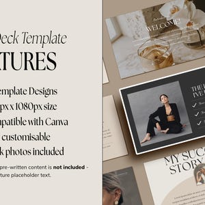 May include: A slide deck template with 70 designs, compatible with Canva. The template features a black and white photo of a woman wearing a black blazer and bra, with the text "The Lessons I've Learned" and "My Success Story Time".