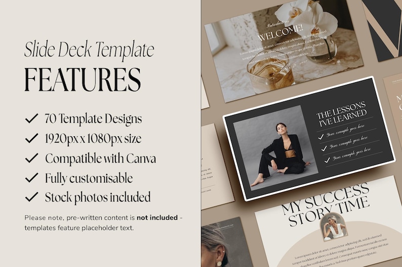 May include: A slide deck template with 70 designs, compatible with Canva. The template features a black and white photo of a woman wearing a black blazer and bra, with the text "The Lessons I've Learned" and "My Success Story Time".