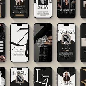 May include: A collection of 12 black and gold mobile phone screen mockups with text overlays. The text includes "New the Shop", "Michelle Rose", "Become a Member", "Signature Package", "Tips for Achieving a Better Work Life Balance", "About Me", "Work Life Integration", "Customer Testimonial", "Coaching Session", "Building a Strong Brand", "Key Steps for Professional Success", and "Customer Testimonial".