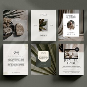 May include: Six square cards with minimalist designs. The cards feature text such as "Moon Rituals," "Inhale, Exhale," "Spiritual Coaching, Energy Healing," "FAQ," "Wellness Retreat," and "Join the Tribe." The colour palette is neutral with shades of white, beige, and green.