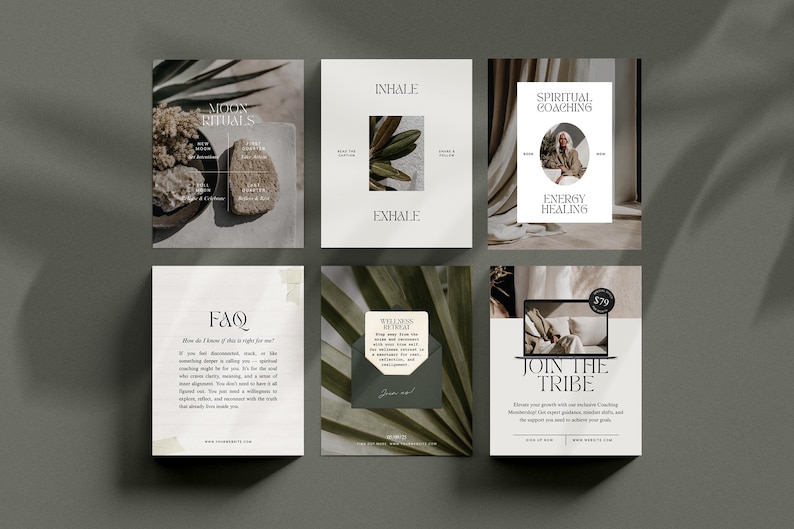May include: Six square cards with minimalist designs. The cards feature text such as "Moon Rituals," "Inhale, Exhale," "Spiritual Coaching, Energy Healing," "FAQ," "Wellness Retreat," and "Join the Tribe." The colour palette is neutral with shades of white, beige, and green.