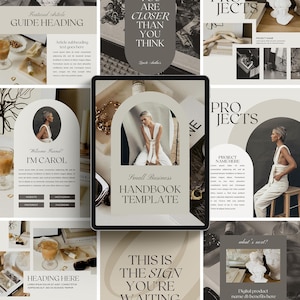 May include: A digital handbook template with a beige and brown color scheme. The template features a variety of images, including a woman in a white dress, a woman in a white jumpsuit, and a cup of coffee. The text on the template includes the words "Small Business Handbook Template", "This is the sign you're waiting for", and "Projects".