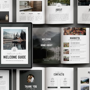 Può includere: Un tablet digitale che mostra una "Guida di benvenuto" con una foto di paesaggio. Intorno al tablet ci sono brochure aperte con testo e immagini, tra cui "Benvenuto", "Informazioni su" e "Mercati". Il tema generale è l'ospitalità e i viaggi.