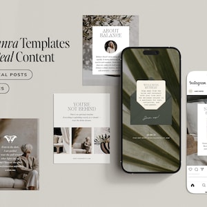 May include: Image of Canva templates for social media, including phone screen mockups with text such as "Wellness Retreat" and "Spiritual Growth." The templates are designed for 50 vertical posts and 50 stories. The overall design is minimalist and modern.