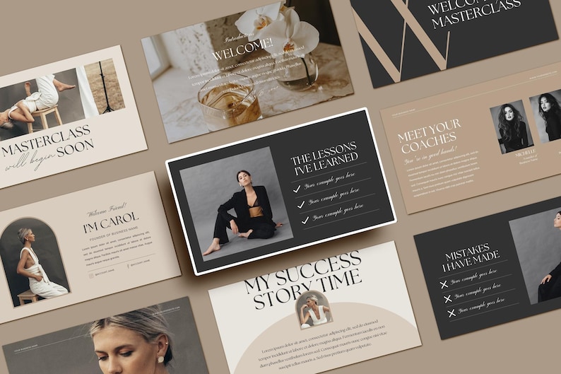 May include: A set of slides for a masterclass, with a black and white photo of a woman in a black blazer and a white bra, a photo of a woman in a white outfit, and text that says "The Lessons I've Learned", "Meet Your Coaches", "My Success Story Time", and "Mistakes I Have Made".