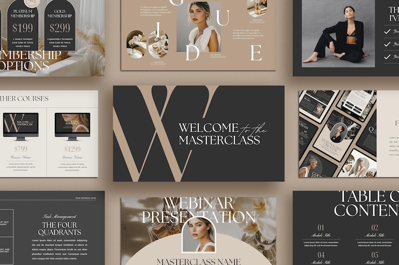 May include: A presentation slide deck with a black and white colour scheme. The slides feature text about a masterclass, webinar presentation, and table of contents. The slides also include images of a woman and flowers.