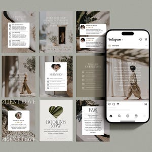 May include: A social media post grid with a mobile phone showing an Instagram post. The grid contains informational graphics with text, a heart, and a person walking. The colour scheme is neutral with beige and green tones.