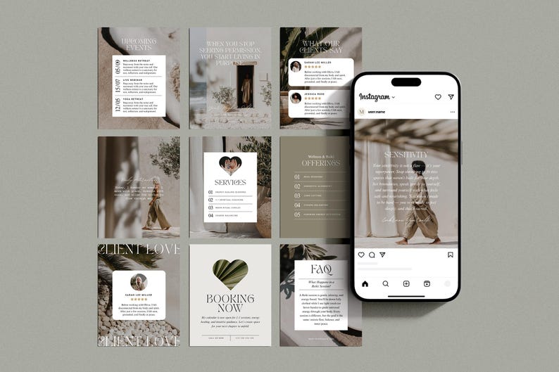 May include: A social media post grid with a mobile phone showing an Instagram post. The grid contains informational graphics with text, a heart, and a person walking. The colour scheme is neutral with beige and green tones.