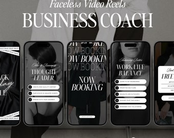 May include: A set of four black and white phone screen mockups with text overlays. The text includes "How to Become a Thought Leader", "Now Booking", "Achieving Better Work Life Balance", and "Book Free".