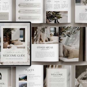 May include: A tablet showing a "Welcome Guide" surrounded by open brochures. The guide features a photo of a room with neutral tones. The brochures have text and images related to a stay.
