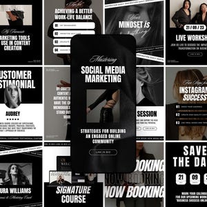 Könnte beinhalten: Eine Collage aus Schwarzweiß-Instagram-Posts, die einen Workshop zum Thema Social-Media-Marketing bewerben. Die Posts enthalten Texte wie "Social Media Marketing meistern", "Strategien zum Aufbau einer engagierten Online-Community", "Live-Workshop", "Kundenreferenz" und "Datum speichern".