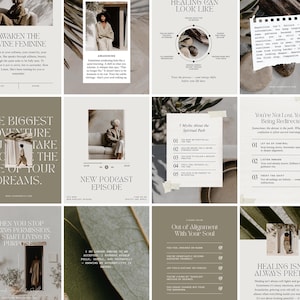 May include: A series of digital graphics in a neutral colour scheme, featuring text and images. The graphics include text such as "Awaken the Divine Feminine," "The Biggest Adventure You Take Is To Live The Life Of Your Dreams," and "Healing Isn't Always Pretty."