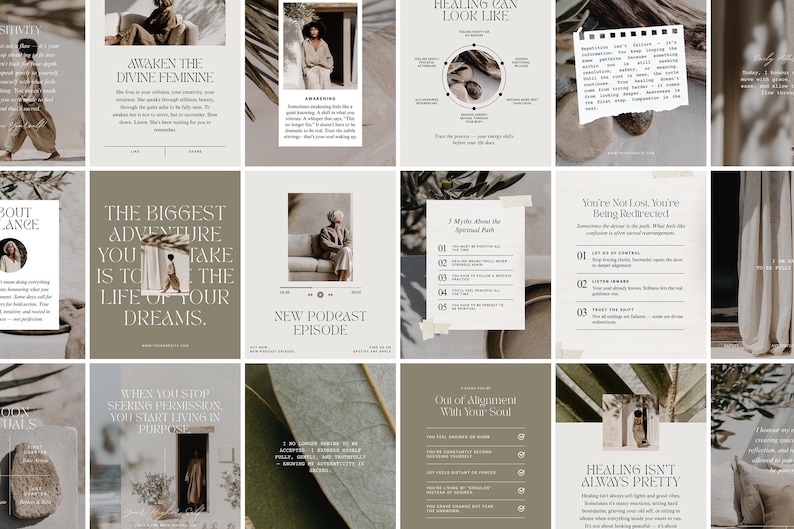 May include: A series of digital graphics in a neutral colour scheme, featuring text and images. The graphics include text such as "Awaken the Divine Feminine," "The Biggest Adventure You Take Is To Live The Life Of Your Dreams," and "Healing Isn't Always Pretty."