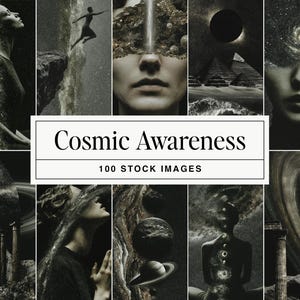 Puede incluir: Un collage de imágenes oscuras y artísticas con temática cósmica. La imagen central presenta el texto "Cosmic Awareness" y "100 STOCK IMAGES" en un rectángulo blanco. Las otras imágenes representan cuerpos celestes, figuras y paisajes surrealistas en blanco y negro.