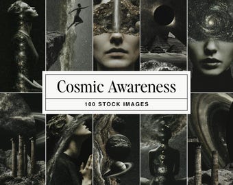 Spirituelles Stock Bild Bündel, dunkle surreale himmlische Porträts & kosmische Galaxie Hintergründe für Meditation, Astrologie und Wellness Branding