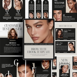 May include: A digital layout for a beauty ebook, featuring a central tablet displaying the title "Brow Tech Ebook Template." Surrounding elements include headshots, customer testimonials, and section titles in a black and beige color scheme.