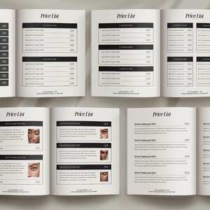 May include: Several open books displaying price lists. The pages feature a minimalist design with the title "Price List" at the top. The lists include service names and prices, with some pages also showing images. The overall aesthetic is clean and professional.