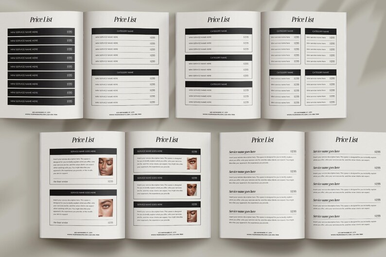 May include: Several open books displaying price lists. The pages feature a minimalist design with the title "Price List" at the top. The lists include service names and prices, with some pages also showing images. The overall aesthetic is clean and professional.