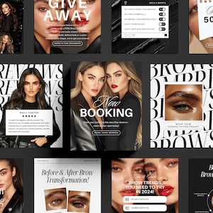 Puede incluir: Una colección de gráficos promocionales para un salón de belleza, con imágenes de mujeres maquilladas, y texto como "Give Away", "Now Booking" y "Summer 50% Off Sale". Los gráficos promocionan servicios como el diseño de cejas y la laminación de cejas.