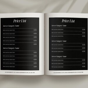 May include: Open book with a black and white price list. The left page displays a list with the title "Price List" and service categories. The right page mirrors the same layout. Each page has a footer with contact information.