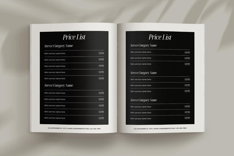 May include: Open book with a black and white price list. The left page displays a list with the title "Price List" and service categories. The right page mirrors the same layout. Each page has a footer with contact information.