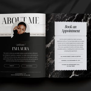 May include: A two-page spread from a brochure with a black and white design. The left page says "ABOUT ME" and "Welcome! I'M LAURA". The right page says "Book an Appointment". The brochure includes contact information.