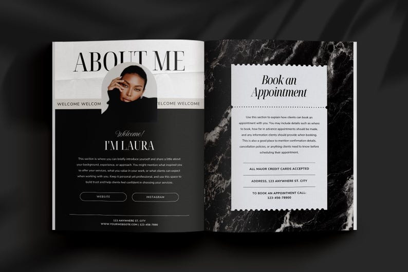 May include: A two-page spread from a brochure with a black and white design. The left page says "ABOUT ME" and "Welcome! I'M LAURA". The right page says "Book an Appointment". The brochure includes contact information.
