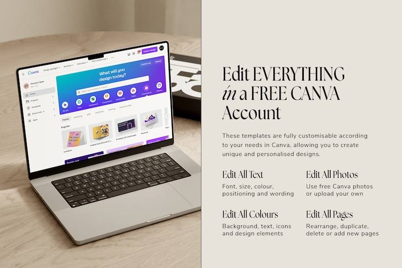 May include: A laptop computer displaying the Canva website with the text "What will you design today?" on the screen. The laptop is on a wooden table. The text "Edit EVERYTHING in a FREE CANVA Account" is displayed on the right side of the image. The text below explains that the templates are fully customisable and allows you to edit all text, colours, photos, and pages.
