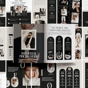 Op de afbeelding: Een zwart-wit lay-out met een digitale gids en een service- en prijsgids. De gidsen tonen afbeeldingen van vrouwen in zakelijke kleding en tekst zoals "Services & Pricing Guide" en "My Project and Consulting Services".