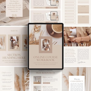 May include: A digital workbook for an online course with a beige and brown color scheme. The workbook cover features a cup of coffee and a woman in a beige sweater. The text "Online Course Workbook" is displayed in a serif font.