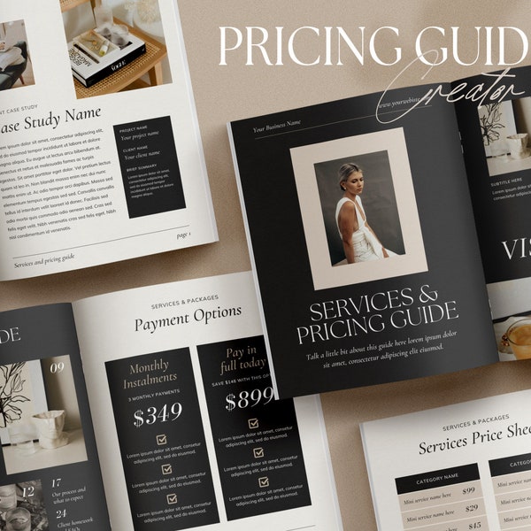 Services & Pricing Guide client brochure template: Portfolio, Case studies, Process and Packages guide. Canva template in A4 + US Letter.