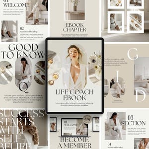 Op de afbeelding: Een digitale ebook-omslag met een beige achtergrond en een vrouw in een wit shirt. De titel van de ebook is "Life Coach Ebook".