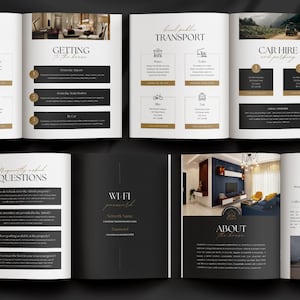 Editable AirBnb Welcome Book Template for CANVA with real content, Black and gold AirBnb Template Bundle, welcome sign, customisable AirBnb Template, Luxury Guest Book,  Vacation rental Host Manual Guidebook, Elegant Canva template with stock photos