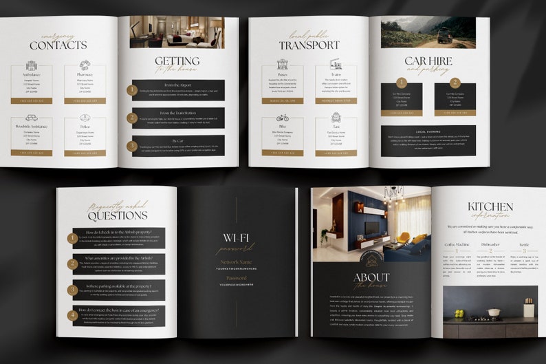 Editable AirBnb Welcome Book Template for CANVA with real content, Black and gold AirBnb Template Bundle, welcome sign, customisable AirBnb Template, Luxury Guest Book,  Vacation rental Host Manual Guidebook, Elegant Canva template with stock photos