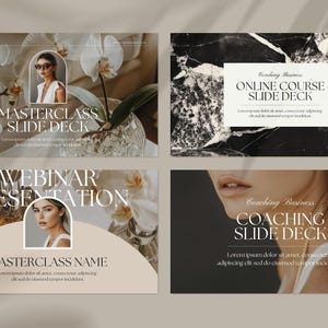May include: Four different slide deck templates for online courses and webinars. The templates feature a minimalist design with a neutral colour palette and images of flowers and a woman's face.
