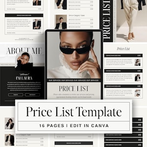 Puede incluir: Una plantilla de lista de precios digital en blanco y negro. La plantilla incluye secciones para descripciones de servicios y precios, con el título "Price List" y el texto "16 PAGES I EDIT IN CANVA".